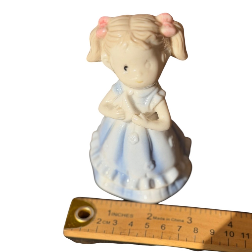 Vintage Ceramic Girl Bell Figurine Blue Ruffled Dress Pink Bows Pigtails 4 Inch - Picture 8 of 9